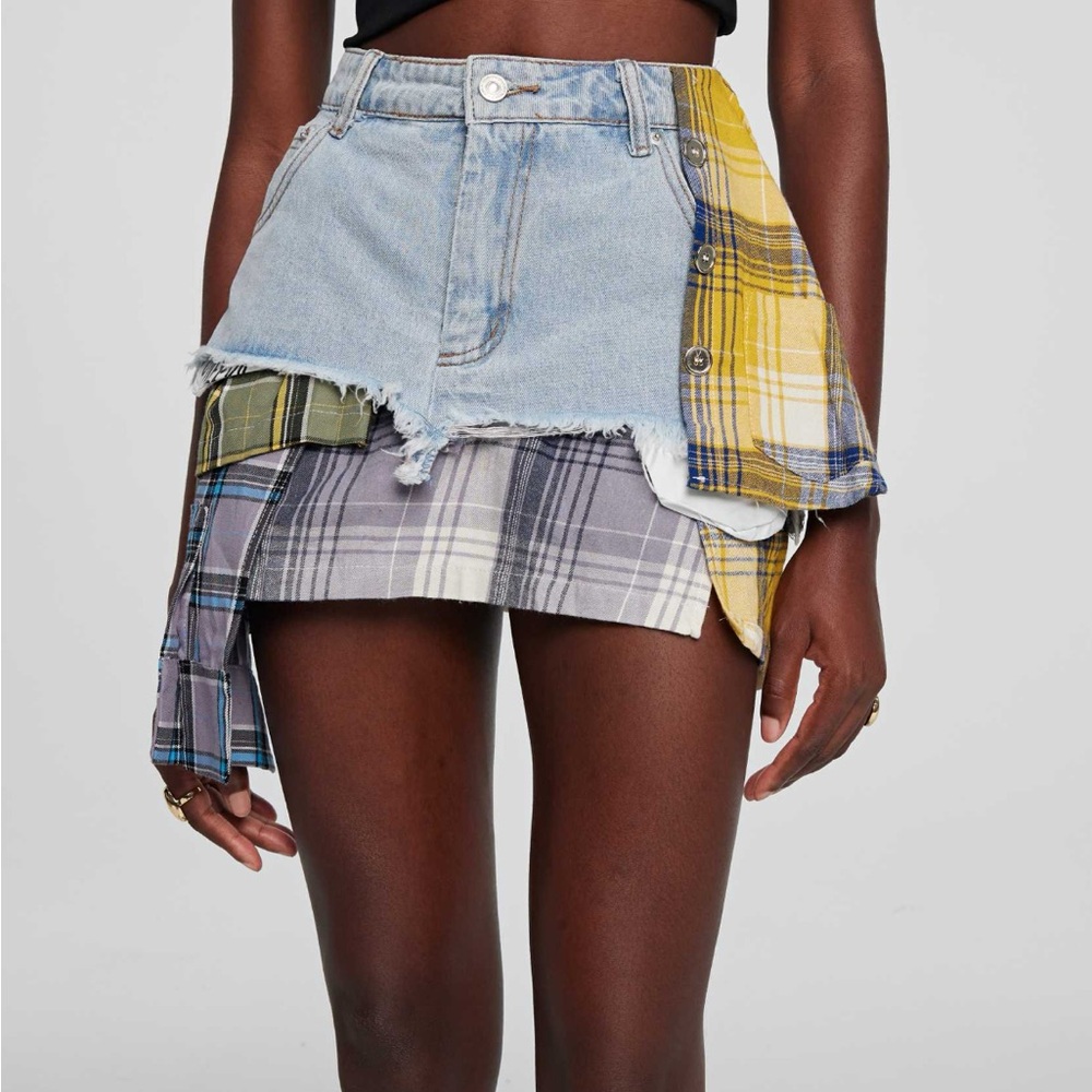 Plaid Patchwork Denim Mini Skirt